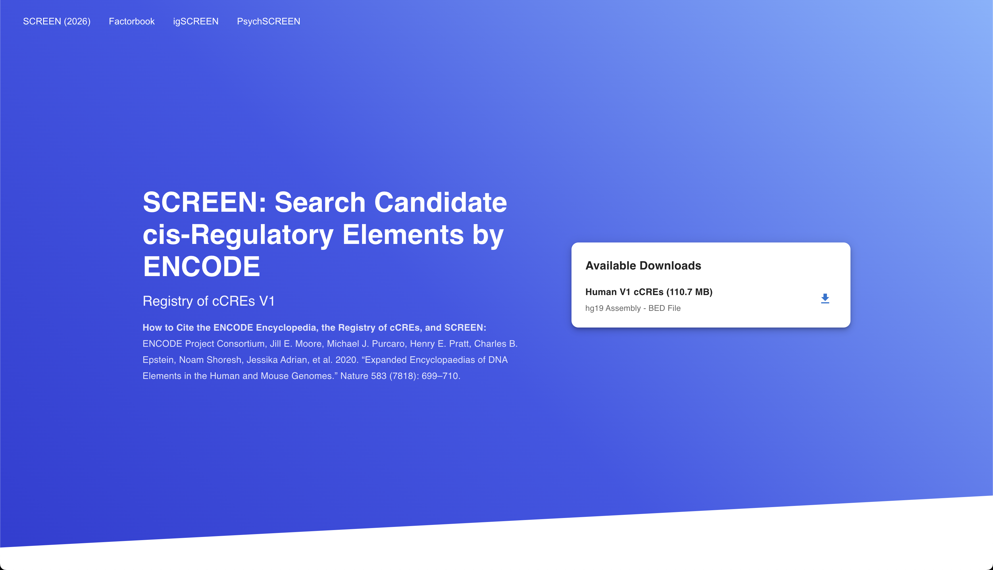 hg19 SCREEN release supporting cCRE Registry Version 1 screenshot